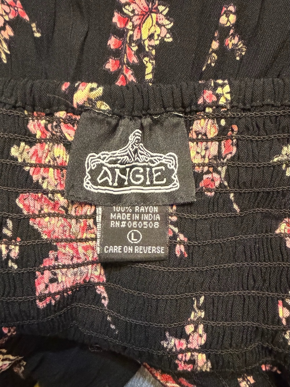 Angie Black Maxi Dress with Pink Floral and Red Border Juniors size Large - Picture 3 of 7